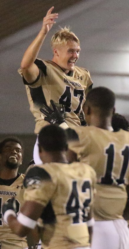 Jaren Van Winkle celebrates after kicking the winning field goal to lift East Central over Pearl River last Thursday night.